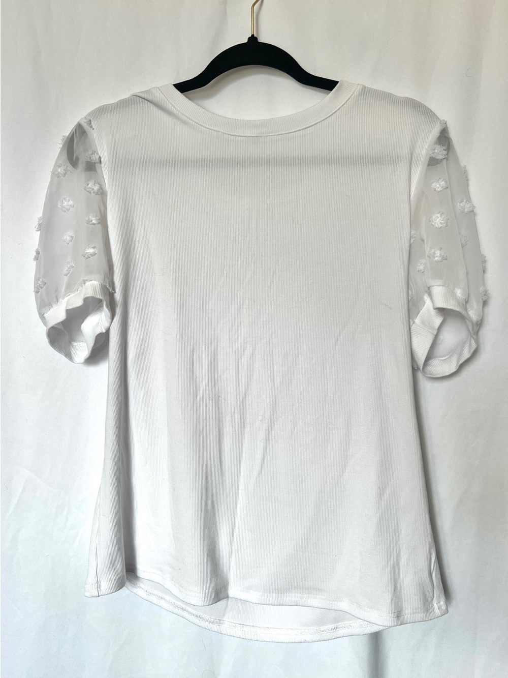 Women's White Short Sleeve Top with Sheer Appliqué Sleeves